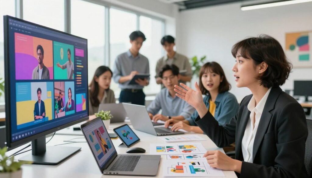 A dynamic workspace featuring a diverse group of professionals collaborating on multimedia advertising projects. In the foreground, a woman with short hair in business attire is speaking animatedly, gesturing towards a large digital screen displaying vibrant graphics and video clips. In the middle, a mix of men and women are brainstorming ideas, surrounded by laptops, tablets, and storyboards filled with innovative ad concepts. The background reveals a modern office with bright, natural lighting streaming through large windows, enhancing a creative and energetic atmosphere. Soft bokeh effects give a sense of depth while showcasing plants and contemporary artwork, conveying a mood of professional creativity and teamwork.