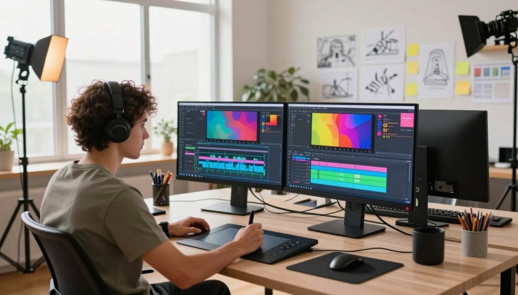 A dynamic workspace filled with advanced multimedia editing elements. In the foreground, a modern computer with multiple screens displaying vibrant video editing software interfaces, colorful graphics, and timelines. A professional in smart casual attire sits focused at the desk, using a stylus on a graphics tablet. The middle ground features an array of creative tools like cameras and lighting equipment, emphasizing the editing process. In the background, large windows allow natural light to flood the room, highlighting the organized chaos of inspiration — sketches, storyboards, and post-it notes. The atmosphere is one of innovation and creativity, with bright colors balanced by soft, warm lighting to evoke an inviting yet professional mood.