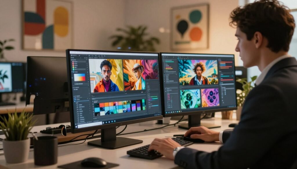 A dynamic workspace scene showcasing the fusion of images through AI. In the foreground, a professional individual, dressed in smart business attire, is intently using a high-tech computer displaying vibrant split-screen graphics of merged images. The middle layer features an array of translucent screens showcasing various artistic styles and AI algorithms blending photographs, paintings, and digital creations. In the background, a softly lit modern office space with abstract art and plants adds to the tech-savvy atmosphere. Warm, ambient lighting creates a focused yet inspiring mood. The angle is slightly tilted, capturing the intensity of the image editing process and the creativity emanating from the digital workspace.