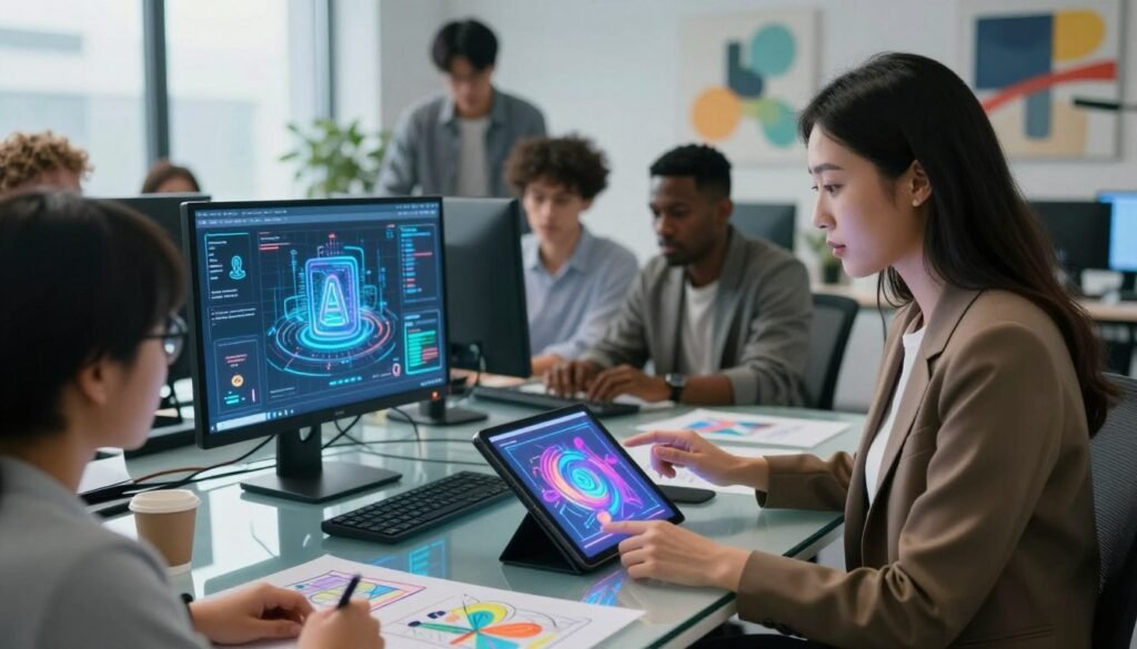 A dynamic workspace scene showcasing the integration of creativity and emerging technology, featuring a diverse group of professionals engaged in brainstorming. In the foreground, a woman of Asian descent, wearing stylish business attire, interacts with a digital tablet displaying vibrant visual effects. In the middle ground, a modern computer setup with glowing screens showcasing AI-generated imagery and diagrams can be seen, along with colorful sketches scattered on a sleek glass table. The background has a futuristic office setting with large windows letting in soft, natural light, and abstract art pieces on the walls. The overall atmosphere is collaborative and innovative, suggesting a harmonious blend of art and technology. The camera angle is slightly elevated, focusing on the interaction between the subjects and their high-tech tools, emphasizing a sense of creativity and progress.