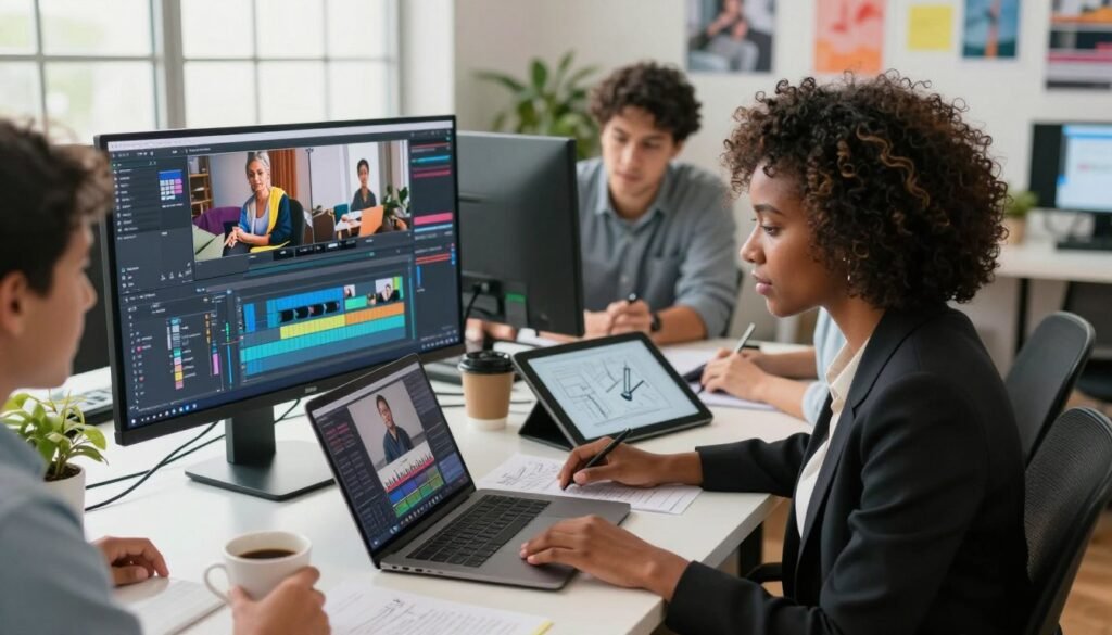 A dynamic workspace scene showing a diverse group of professional content creators collaborating. In the foreground, a Black woman in professional business attire intently reviews video footage on a sleek laptop, with notes and a cup of coffee beside her. Beside her, a Hispanic man sketches ideas on a digital tablet. The middle layer features a large screen displaying video editing software, with vibrant thumbnails and a virtual background replacement tool visible. In the background, a window reveals a bright, cozy office space with creative posters and plants. Soft, natural lighting enhances the productivity mood, casting gentle shadows. The composition captures a sense of teamwork, creativity, and innovation in content creation.