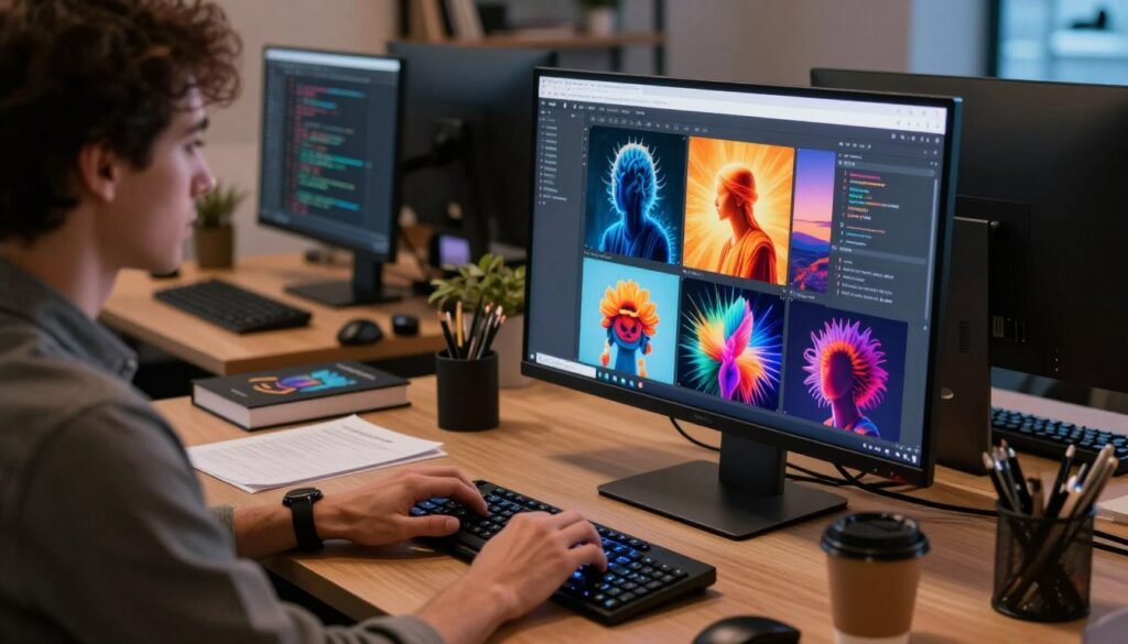 A dynamic workspace showcasing a computer screen displaying the Midjourney interface, with various stunning AI-generated images in vibrant colors. In the foreground, a professional in smart casual attire is intently typing commands on a sleek keyboard, illuminated by soft, ambient lighting. The mid-ground features a table with technical books and notes, with a coffee cup adding a touch of warmth. The background reveals shelves filled with graphic design tools and monitors displaying code snippets, creating a tech-savvy atmosphere. Use a wide-angle lens to capture the depth of the space, and a warm color palette to evoke a focused yet creative vibe. The environment should feel modern and inspiring, embodying innovation in digital art.