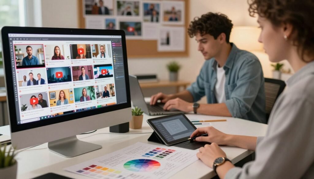 A dynamic workspace showcasing the design process for YouTube thumbnails. In the foreground, a computer screen displays vibrant, eye-catching thumbnail designs with various styles and layouts. On the desk, sketch pads scattered with color palettes and notes illustrate creative strategies. The middle ground features a professional individual in business casual attire, intently working, surrounded by design tools like a tablet and graphic software. In the background, a wall board displays inspirational images and successful thumbnails, suggesting a brainstorming atmosphere. Warm, soft lighting creates an inviting and focused mood, while a slightly blurred effect on the edges draws attention to the vibrant colors of the thumbnails. The overall atmosphere is creative and industrious, capturing the essence of video content design.