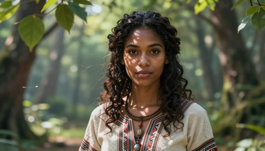 A fantasy character emerges in an enchanting forest clearing, with vibrant foliage in the background. The character, a humanoid with distinct facial features reflecting a blend of diverse ethnic identities, stands confidently. Their deep-set, expressive eyes, high cheekbones, and unique hair texture emphasize the theme of identity preservation in character creation. Soft, ethereal lighting filters through the leaves, casting dappled shadows on their face, highlighting the intricate details of their expressions. The character is dressed in elegant, modest fantasy attire, adorned with patterns that celebrate cultural heritage. A slight breeze rustles the leaves, adding a sense of life and magic to the scene, evoking an atmosphere of wonder and exploration in generating unique fantasy personas through AI.