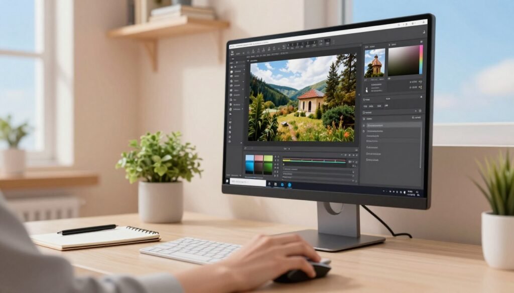 A focused workspace scene featuring a computer screen displaying an image editing software interface, showcasing the process of removing distractions and watermarks from photos. In the foreground, a hand is hovering gently over a sleek, modern mouse, with high-resolution images of nature and architecture displayed on the screen. In the middle ground, there are scattered tools like a stylus and notepad, and a green plant adding a touch of life. The background features a softly illuminated room with pastel-colored walls, a small bookshelf, and a window revealing a clear blue sky. The overall atmosphere is calm and focused, with soft, natural lighting highlighting the workspace, evoking a sense of creative productivity.