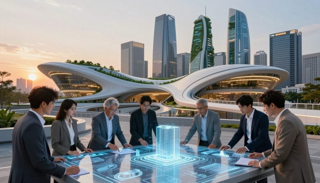 A futuristic architectural scene showcasing the integration of artificial intelligence in design. In the foreground, a diverse group of architects in professional attire collaborates around a sleek, digital planning table, analyzing holographic blueprints that project innovative building designs. The middle grounds feature a striking, AI-generated building structure with organic curves and dynamic surfaces that suggest adaptability and eco-friendliness, illuminated by ambient lighting. In the background, a city skyline filled with cutting-edge skyscrapers, adorned with green technology and smart features, is bathed in the warm glow of a setting sun. The atmosphere reflects hope and inspiration, emphasizing the transformative potential of AI in architecture, with a focus on sustainability and modern aesthetics.