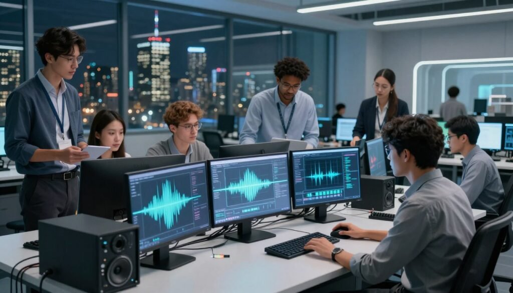 A futuristic audio processing lab scene showcasing the theme of AI voice separation technology. In the foreground, a sleek, modern workstation with high-tech audio equipment and visually dynamic sound waveforms displayed on multiple screens. The middle ground features a diverse group of professionals, dressed in business attire, focused on collaborating over the technology, analyzing data and sound visualizations. The background reveals a large glass wall that opens to a vibrant cityscape, illuminated by the glow of city lights, symbolizing innovation and progress. Soft, ambient lighting enhances the atmosphere, suggesting a cutting-edge research environment. The mood is collaborative and energetic, highlighting the intersection of technology and creativity in audio processing.
