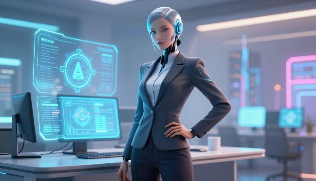 A futuristic character design showcasing an AI-generated humanoid, featuring a sleek, androgynous figure with glowing blue accents. In the foreground, the character is posed confidently in a professional business setting, wearing tailored, modern attire that blends technology and elegance. The middle ground features a high-tech workstation with holographic screens and AI symbols, emphasizing the theme of character generation. The background consists of a digital cityscape with soft neon lights, creating an atmosphere of innovation and creativity. The overall lighting is bright and futuristic, with dynamic angles that draw the viewer's eye towards the character, conveying a sense of progression in AI development.