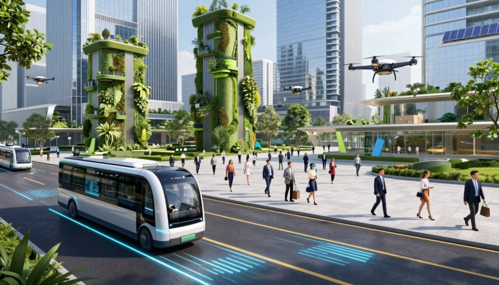 A futuristic city scene showcasing intelligent mobility and transportation solutions. In the foreground, sleek autonomous vehicles—electric buses and compact self-driving cars—glide along smart roads embedded with interactive LED displays. The middle section features a bustling pedestrian zone with diverse people dressed in modern, professional attire, using augmented reality devices for navigation. Above, drones efficiently transport goods, while vertical gardens integrate nature into the urban environment. In the background, towering skyscrapers with green rooftops and solar panels reflect innovation and sustainability. The lighting is bright and vibrant, conveying a sense of optimism, with a wide-angle view that captures the dynamic atmosphere of this advanced urban landscape.