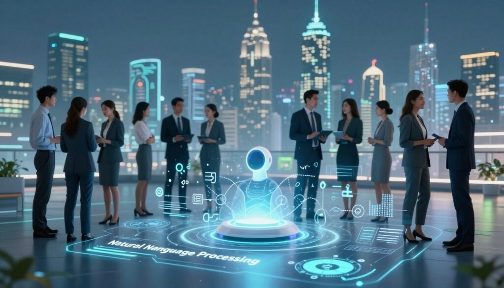 A futuristic digital landscape representing "Natural Language Processing." In the foreground, depict a sleek, holographic interface with various language symbols, charts, and algorithms glowing softly. The middle ground shows a diverse group of professionals in business attire, engaged in collaborative discussions around a virtual assistant device emitting light. In the background, a city skyline is illuminated with technological motifs, suggesting advancement and connectivity. Use cool blue and green lighting to create a high-tech, inviting atmosphere while maintaining a clean and organized look. The composition should have a dynamic angle, emphasizing interaction and innovation without any text or overlays.