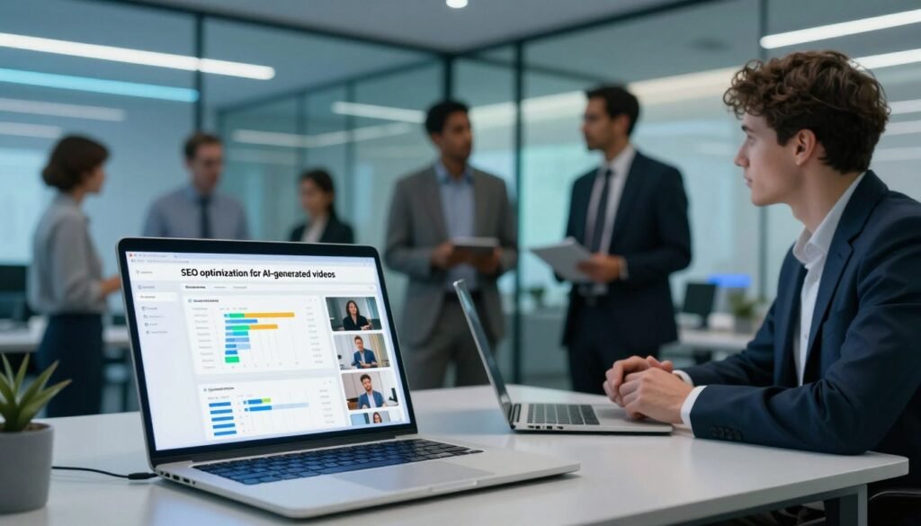 A futuristic digital workspace displaying the concept of "SEO optimization for AI-generated videos." In the foreground, a sleek laptop screen shows analytics and charts related to video SEO performance, accompanied by visually appealing video thumbnails. In the middle, a diverse group of professionals in business attire are engaged in discussion, analyzing data and brainstorming strategies. The background features a modern office with glass walls and ambient lighting, projecting a collaborative and innovative atmosphere. Soft blue and green color tones highlight the tech-savvy environment, enhancing the focus on optimization and intelligence. The lighting is bright yet soft, creating a motivating mood that inspires creativity and productivity.