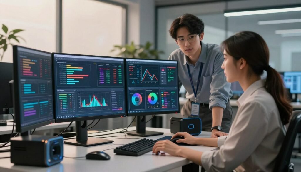 A futuristic digital workspace focused on optimizing quality and reducing training time for AI voice models. In the foreground, a professional male and female data scientist collaborate over a high-tech interface displaying complex algorithms and data visualizations, dressed in business attire. The middle ground features advanced computer monitors with vibrant charts depicting training metrics and AI performance, surrounded by sleek tech gadgets. In the background, a modern office space with large windows letting in soft natural light, creating a blend of warm and cool tones. The mood is innovative and efficient, highlighting the blend of AI technology and human expertise in a harmonious atmosphere.
