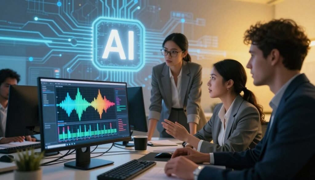 A futuristic digital workspace showcasing advanced AI voice generation technology. In the foreground, a sleek computer monitor displays colorful soundwave patterns and voice modulation graphs, symbolizing the intricacies of voice synthesis. Beside it, a diverse team of three professionals—two women and one man—are engaged in a collaborative brainstorming session, dressed in smart business attire. The middle background features an abstract, illuminated design of AI circuitry and neural networks, blending smoothly with the atmospheric gradient of blues and yellows. Soft, warm lighting illuminates the scene, creating a motivating and innovative atmosphere. A high-angle view captures the dynamic energy of the workspace, emphasizing the transformative power of AI in voice generation for characters.