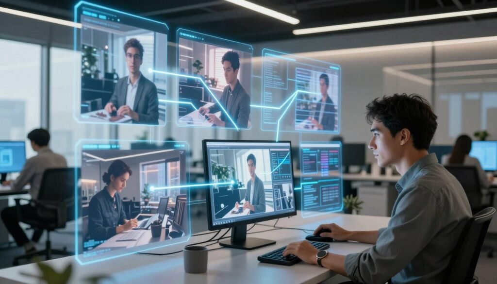 A futuristic digital workspace showcasing artificial intelligence enhancing image lighting consistency. In the foreground, a professional figure dressed in smart casual clothing analyzes high-resolution images on a sleek monitor, their focused expression illuminated by the soft glow of the screen. The middle layer features multiple holographic projection panels displaying images with varying lighting effects, intersected by bright dynamic lines symbolizing data processing. The background consists of an ultra-modern office with sleek furniture, large windows allowing natural light to interplay with the artificial lighting, creating a harmonious atmosphere. The overall mood is innovative and forward-looking, emphasizing technology's role in achieving lighting consistency in imagery. Use natural and artificial lighting to highlight the subjects and elements, captured with a wide-angle lens for an expansive view.