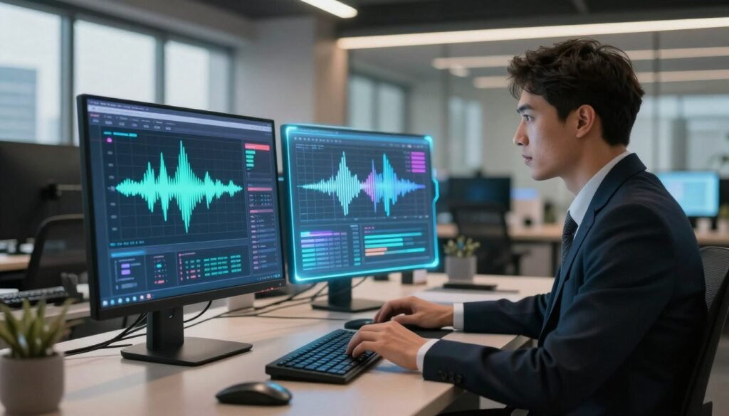 A futuristic digital workspace showcasing the optimization of text-to-speech conversion. In the foreground, a sleek computer setup displays a vibrant user interface demonstrating sound wave analytics and AI algorithms. The middle ground features a professional individual in business attire, intently working on the computer, surrounded by holographic visuals of voice synthesis patterns and connected data flows. The background reveals a modern office environment with advanced technology elements, including a large window with city skyline views. Soft, diffused lighting casts a warm glow throughout, creating an atmosphere of innovation and focus. The overall mood is dynamic and inspiring, emphasizing efficiency and the integration of AI in e-learning.