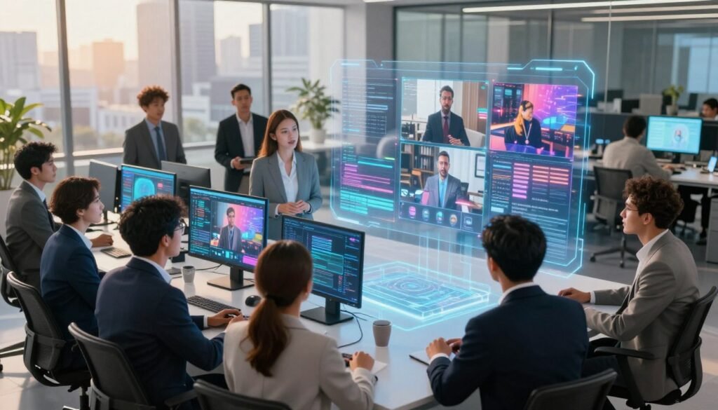 A futuristic digital workspace showcasing various use cases of AI-transformed videos. In the foreground, a diverse group of professionals, dressed in smart business attire, are engaged in a discussion around a large holographic screen displaying vibrant, dynamic video transformations. In the middle ground, sleek computers and devices emit soft glowing lights, enhancing the high-tech atmosphere. The background features a modern office environment with glass walls and an urban skyline visible outside, bathed in warm, natural lighting. The mood is collaborative and innovative, emphasizing the potential of AI in video content creation. Capture this scene from a slightly elevated angle to provide depth and clarity to the interaction.