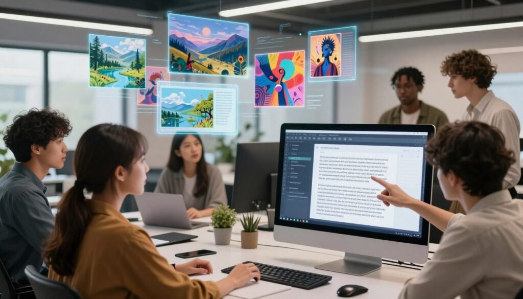 A futuristic digital workspace that visually represents the process of generating images from text. In the foreground, a sleek, modern computer is open, displaying an intriguing AI interface that transforms words into vivid artwork. A professional, diverse group of individuals dressed in smart casual clothing collaborates, with one person pointing at the screen and others observing, reflecting teamwork and creativity. In the middle background, floating holographic images illustrate various concepts being transformed from text, such as landscapes, characters, and abstract art. The lighting is bright and inviting, emanating a sense of inspiration and innovation. The atmosphere is dynamic and engaging, emphasizing the potential of technology in art creation, captured from a slightly elevated angle to showcase both the workspace and the holograms vividly.