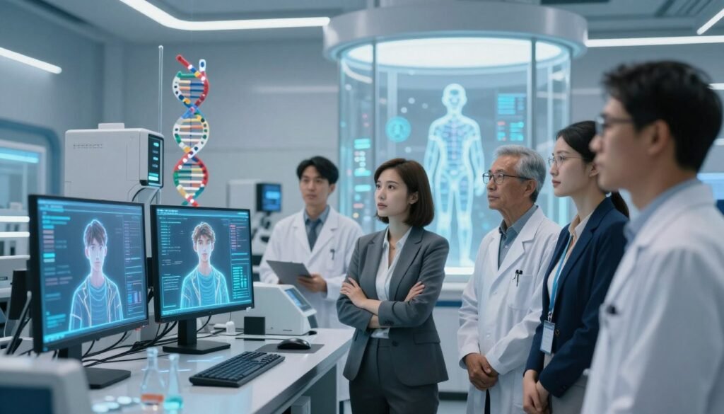 A futuristic laboratory setting showcasing advanced AI technology for character cloning. In the foreground, a diverse group of scientists and technicians, dressed in professional business attire, observe holographic displays of cloned characters, their expressions a mix of curiosity and focus. The middle ground features cutting-edge equipment including DNA sequencers and high-tech screens displaying intricate data on character cloning processes. In the background, an illuminated glass chamber contains a holographic figure representing a cloned character, projecting a sense of innovation and creativity. Soft, bright lighting enhances the modern atmosphere, while a shallow depth of field focuses on the scientists, creating an immersive mood of technological advancement and collaboration.