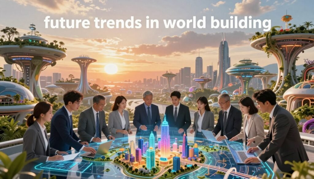 A futuristic landscape illustrating "future trends in world building." In the foreground, a diverse group of professionals in business attire collaborates over holographic maps and 3D models of vibrant cities and fantastical environments. The middle ground features innovative architecture blending nature and technology, with floating structures and green spaces integrated into cityscapes. In the background, a glowing sunset casts warm, ethereal light over a skyline that merges sci-fi and fantasy elements, with high-tech transportation systems and organic designs. The atmosphere is one of creativity and collaboration, evoking a sense of exploration and innovation as the team discusses their visionary ideas, captured with a dynamic angle that emphasizes both the people and the imaginative environment around them.