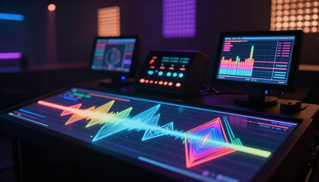A futuristic music visualization platform, showcasing a dynamic visualizer that reacts to sound frequencies. In the foreground, colorful waveforms and abstract geometric shapes pulse energetically, illuminated by shifting neon lights. The middle ground features sleek, high-tech audio equipment, with various controls and screens displaying vibrant sound graphs. The background is a dark, immersive space with soft glowing LED panels, creating a club-like atmosphere that enhances the sense of creativity and technology. The lighting is dramatic, with spotlight effects highlighting the visualizer and equipment. The mood is vibrant and inspiring, capturing the essence of music generation and the interaction between audio and visuals in a modern artistic context.