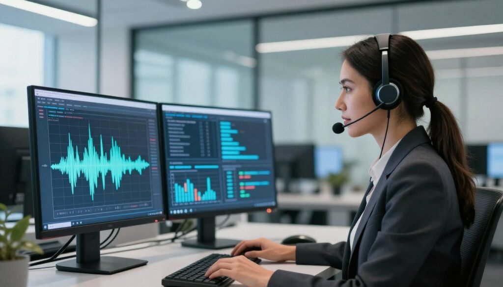 A futuristic office environment depicting advanced technology for audio translation. In the foreground, a professional businesswoman is using a sleek headset, focused on her computer that displays a waveform visualization. She wears a smart blazer, demonstrating confidence and concentration. The middle ground features a large digital screen showing encrypted audio streams and graphs, symbolizing security and privacy in real-time translation. The background reveals a modern, bright office with glass walls, conveying transparency and professionalism, complemented by soft overhead lighting. The overall atmosphere is one of innovation and trust, emphasizing the importance of security in audio translation technology.