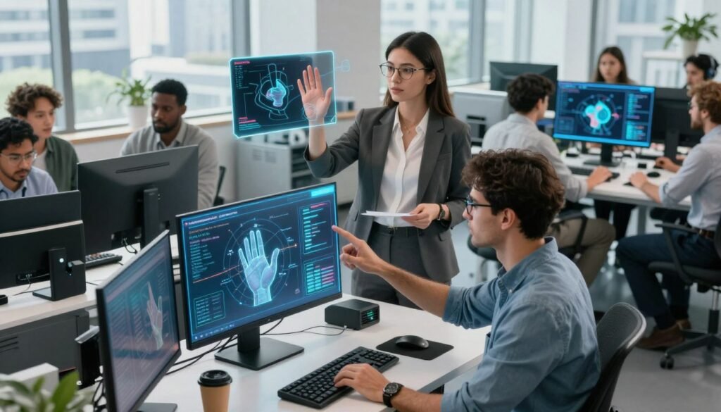 A futuristic office setting showcasing a diverse group of professionals engaged in gesture control technology using artificial vision. In the foreground, a male engineer in smart casual attire analyzes interactive holographic displays showcasing gesture recognition algorithms. The middle layer features a female developer wearing business attire, demonstrating a hand gesture to manipulate 3D objects in space, while monitors display real-time feedback on gesture accuracy. The background includes high-tech equipment and large windows with a cityscape view, allowing natural light to stream in. The scene emanates a collaborative and innovative atmosphere, emphasizing the challenges and solutions in gesture control technology. Capture this dynamic moment from a slightly elevated angle to provide depth and focus on the interaction between the participants and the technology.