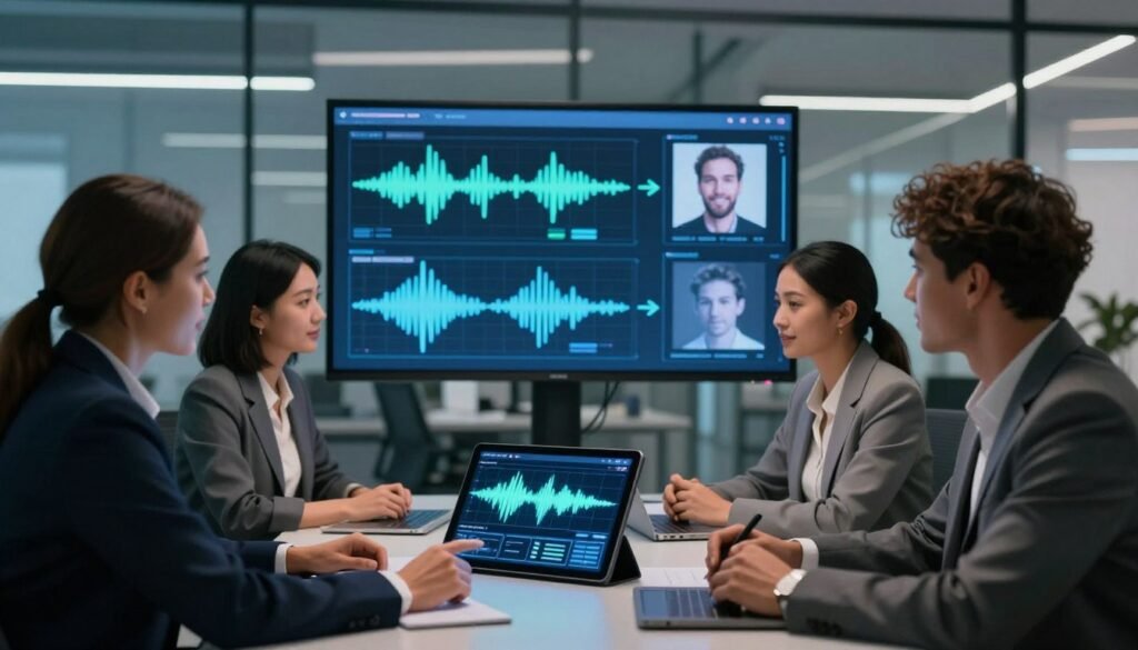 A futuristic office setting showcasing successful zero-shot voice cloning technology. In the foreground, a diverse group of professionals, dressed in smart casual attire, are engaged in a collaborative discussion over a digital tablet displaying voice waveform patterns. In the middle ground, a large screen illustrates the voice cloning process with visualizations of sound waves and iconic voice images. The background features sleek office design elements with glass walls and ambient lighting, reflecting a high-tech atmosphere. Soft, diffused lighting enhances the modern vibe, creating a sense of innovation and teamwork. The overall mood is optimistic and forward-thinking, emphasizing the transformative power of AI in audio projects.