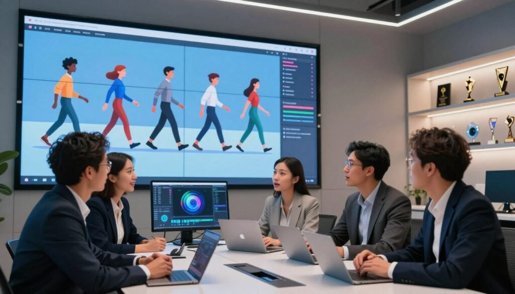 A futuristic office space with a sleek and modern aesthetic, featuring a large digital screen displaying an animated walking sequence generated by AI. In the foreground, a diverse group of professionals in smart business attire is gathered around a table, deeply engaged in discussion. Their expressions show curiosity and excitement as they analyze the animations. In the middle ground, an advanced animation software interface is visible on the screen, showcasing vibrant, fluid movements of characters walking in various styles. The background holds shelves lined with cutting-edge technology and creative awards, illuminated by soft, ambient lighting that enhances a productive atmosphere. The overall mood is inspiring and innovative, emphasizing the transformative power of AI in creative processes, without any text or additional elements.