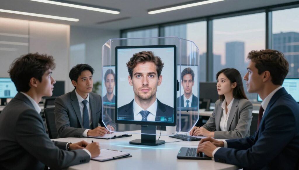 A futuristic scene illustrating the concept of facial expression generation using AI while emphasizing privacy protection. In the foreground, a diverse group of professionals in smart business attire analyze digital screens displaying various facial expressions generated by AI. Their expressions convey curiosity and intrigue. In the middle ground, a sleek, transparent privacy shield encapsulates the screens, symbolizing protection and confidentiality. Behind them, a modern office space with soft, ambient lighting emanates a sense of innovation and safety, while large windows reveal a city skyline at dusk. The atmosphere is thoughtful and forward-looking, highlighting the intersection of technology and ethics in facial recognition.