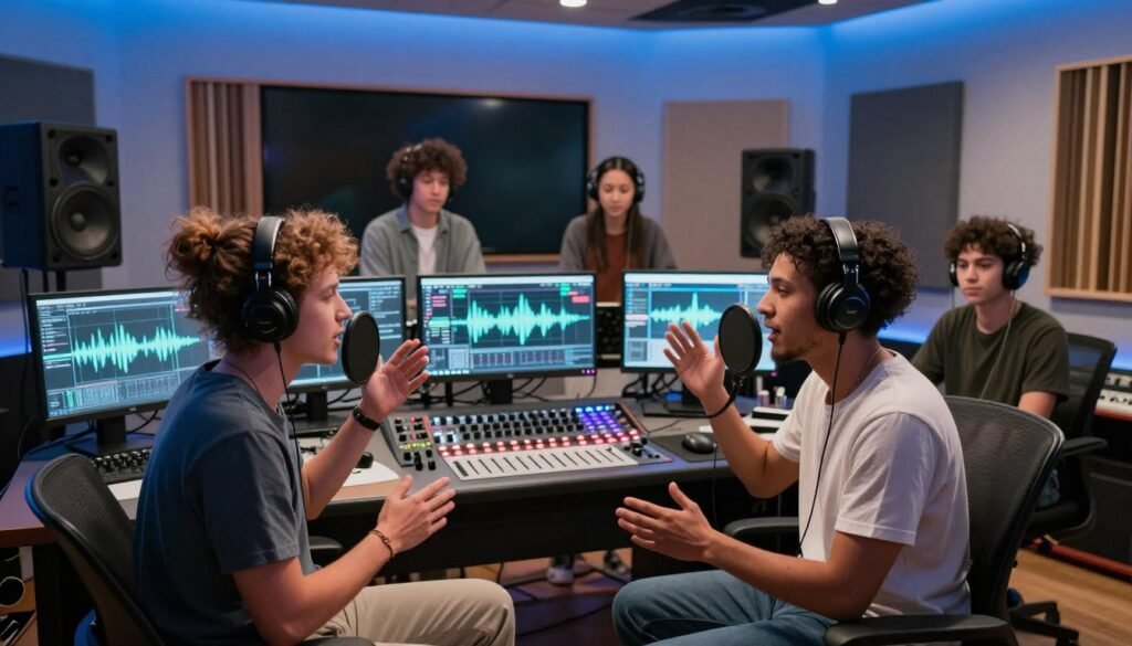 A futuristic sound studio featuring a diverse group of professional vocalists collaborating on a voice cloning project. In the foreground, two singers, one male and one female, are engaged in a dynamic discussion while surrounded by high-tech equipment and monitors displaying waveforms. In the middle ground, a sleek console filled with knobs and sliders glows softly, highlighting their focused expressions. The background showcases large acoustic panels, and modern lighting creates a vibrant, inspiring atmosphere with soft blues and whites. The overall mood is innovative and collaborative, emphasizing the advantages of AI in vocal cloning. Shot with a wide-angle lens to capture the studio's depth and energy.