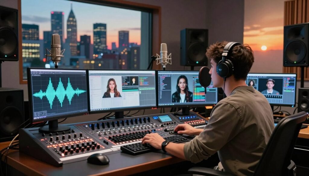 A futuristic sound studio set in an urban environment, showcasing advanced technology used for voice cloning. In the foreground, a professional audio engineer wearing smart casual attire is adjusting a digital mixing console, with sound waves visualized on a large monitor behind them. The middle ground features an array of high-tech microphones and computer screens displaying voice analysis, highlighting the process of celebrity voice replication. In the background, a large window reveals a vibrant city skyline during sunset, casting warm light into the room. The atmosphere is dynamic and energetic, filled with excitement about innovation in entertainment, inviting viewers into the world of AI-driven voice replication for content creation.