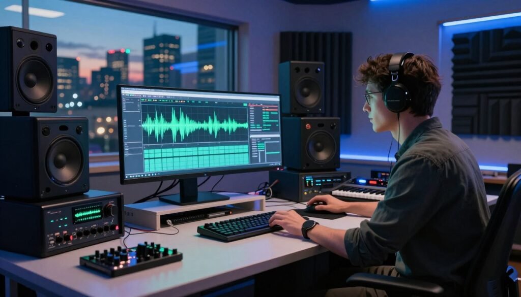 A futuristic studio environment featuring a professional audio engineer interacting with a high-tech AI voice synthesis interface. In the foreground, focus on a sleek, modern workstation filled with computers, synthesizers, and sound equipment, illuminated by ambient neon lights in blue and green hues. The engineer, dressed in smart casual attire, is analyzing sound waves on a large screen displaying dynamic audio visualizations. In the middle ground, various audio equipment and soundproof panels create a high-tech ambiance, showcasing the innovative tools used in electronic music production. The background features large windows with a city skyline at dusk, giving a glimpse of the vibrant nightlife outside. The lighting is soft yet striking, creating an inspiring atmosphere of creativity and technological advancement.