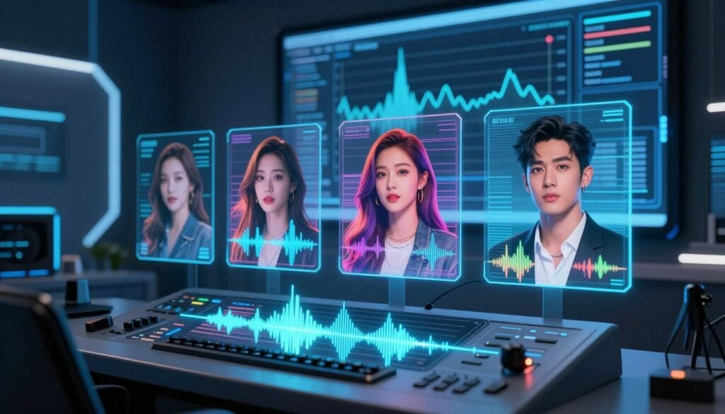 A futuristic studio setting showcasing the concept of celebrity voice replication through AI. In the foreground, a sleek, high-tech audio workstation with soundwaves visually represented, hinting at voice modulation. In the middle, holographic images of famous celebrity profiles, each displaying unique voice wave patterns in vibrant colors, giving a sense of dynamic energy. The background features a digital screen with a graph showing AI algorithms at work, illuminated by soft blue lighting for a tech-savvy atmosphere. The entire scene captures a professional yet innovative mood, emphasizing the cutting-edge nature of AI technologies in voice replication, without any human figures present.