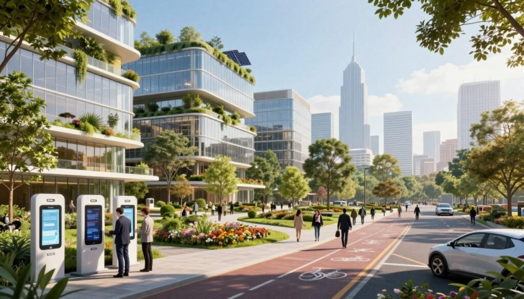 A futuristic urban landscape showcasing a harmonious blend of nature and technology. In the foreground, modern and sustainable buildings made of glass and greenery, featuring vertical gardens and solar panels. People in professional attire interact with smart kiosks and electric vehicles, demonstrating the integration of technology in everyday life. In the middle ground, lush parks with diverse trees and flowers, interconnected by bike paths and walking trails, emphasizing community engagement and well-being. The background features a skyline with sleek skyscrapers under a bright blue sky, illustrating innovation and sustainable development. Soft, warm natural lighting creates an inviting atmosphere, highlighting the peaceful coexistence of urban living and environmental harmony. The angle captures a vibrant street scene that evokes a sense of optimism and future possibilities.