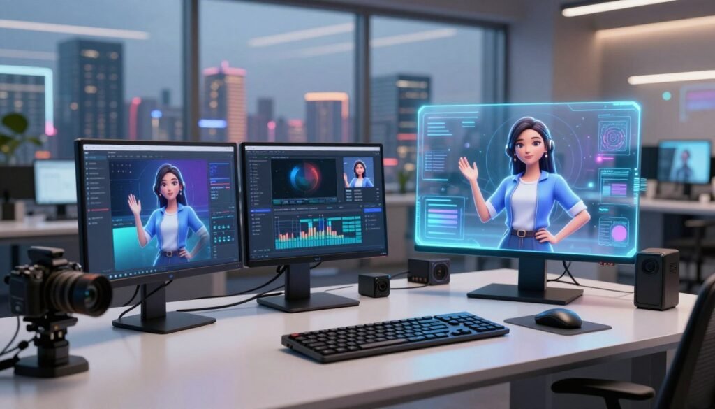 A futuristic workspace designed for virtual influencers, showcasing a sleek, modern desk with cutting-edge tools and digital devices. In the foreground, a high-resolution, holographic display shows a 3D avatar in a stylized pose, representing a virtual influencer. In the middle, an array of technology including advanced AI software, digital cameras, and multimedia editing tools are neatly arranged. The background features a panoramic window with a vibrant city skyline, symbolizing connectivity and innovation. Soft, ambient lighting bathes the scene, creating a professional and inspiring atmosphere. The overall mood should convey creativity and technology, emphasizing the tools and technologies that empower the creation of virtual influencers.