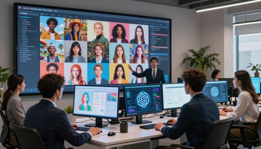 A futuristic workspace featuring a large, sleek digital interface displaying a vibrant, interactive collage of DALL-E generated images. In the foreground, a diverse group of professionals—two men and one woman—dressed in smart business attire, engage enthusiastically with holographic projections displaying artistic creations and AI tools. The middle ground showcases a high-tech computer setup with glowing screens, illustrating the integration of ChatGPT and DALL-E, symbolizing collaboration and innovation. The background is softly lit with a modern office ambiance, complete with green plants and minimalistic design elements. The overall mood is inspiring and dynamic, highlighting the synergy between cutting-edge AI technology and creativity, emphasizing the potential of AI in artistic expression. Soft lighting enhances the professional yet inviting atmosphere.