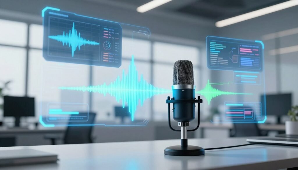 A futuristic workspace featuring sleek technology showcasing voice generation capabilities. In the foreground, a high-tech microphone and a soundwave visualizer glow with vibrant blue and green lights, symbolizing advanced voice synthesis. The middle ground displays multiple holographic screens, each depicting different technical elements such as waveforms, frequency graphs, and AI algorithms, emphasizing the complexity of voice generation. The background is a modern office with large windows, letting in soft natural light, creating an inspiring atmosphere. The overall mood is innovative and professional, inviting viewers to explore the potential of AI-generated voices. The scene is captured with a slight low angle, enhancing the importance of the technology while maintaining a clean, minimalistic aesthetic.