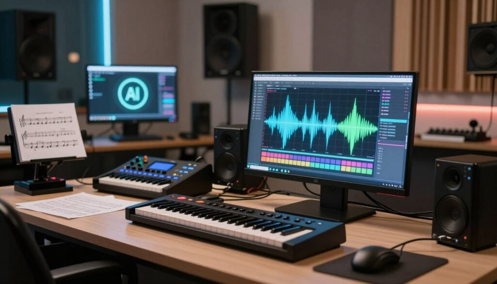 A futuristic workspace filled with advanced AI music creation tools. In the foreground, a sleek digital audio workstation with colorful waveforms displayed on a high-resolution screen, surrounded by virtual instruments like synthesizers and samplers. The middle ground features a desktop cluttered with music notes, cables, and an AI assistant interface, glowing softly. In the background, a modern studio with soundproof walls and ambient LED lighting enhances a creative atmosphere. Soft, warm light floods the scene, creating an inviting yet innovative mood, perfect for a professional music production environment. A shallow depth of field emphasizes the tools while gently blurring the background, evoking inspiration and the cutting-edge technology of AI in music creation.
