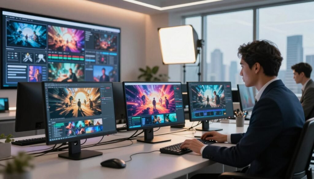 A futuristic workspace filled with advanced AI video generation tools. In the foreground, sleek, high-tech devices such as powerful computers with vibrant screens showcasing dynamic scenes being rendered. A professional figure in smart business attire is intently engaged with the technology, analyzing the vibrant, fast-moving cinematic frames on the screens. In the middle ground, a wall displays digital storyboard panels, illustrating various cinematic scenes created by AI. In the background, soft, ambient lighting radiates from softboxes, casting a warm glow, while large windows offer a panoramic view of a city skyline, emphasizing innovation. The atmosphere conveys collaboration and creativity in a modern, sophisticated environment, highlighting the synergy between technology and artistic vision.
