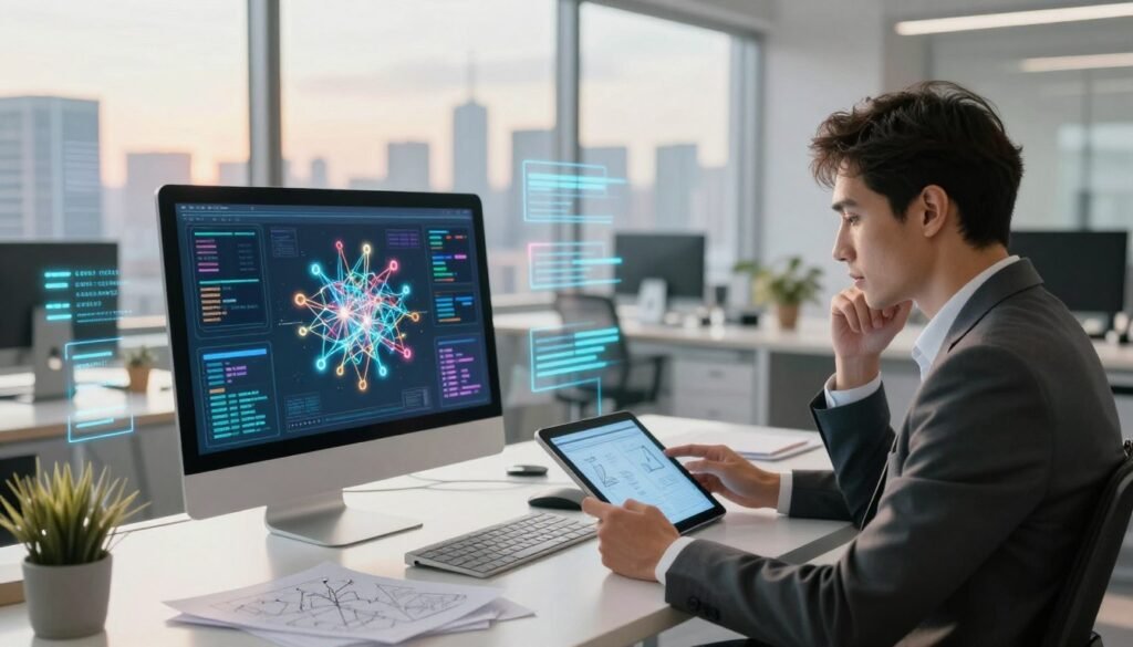 A futuristic workspace filled with dynamic visuals representing machine learning algorithms. In the foreground, a sleek computer monitor displays complex data visualizations and neural network diagrams, surrounded by scattered notes and digital sketches. The middle ground features a high-tech desk with a thoughtful person in professional attire, examining a digital tablet, reflecting deep concentration and creativity. The background showcases a large window revealing a city skyline under a bright, bustling sky, with elements of artificial intelligence like glowing lines and code snippets blending seamlessly with the environment. Use soft, warm lighting to create an inviting and innovative atmosphere, shot from a slightly elevated angle for depth.