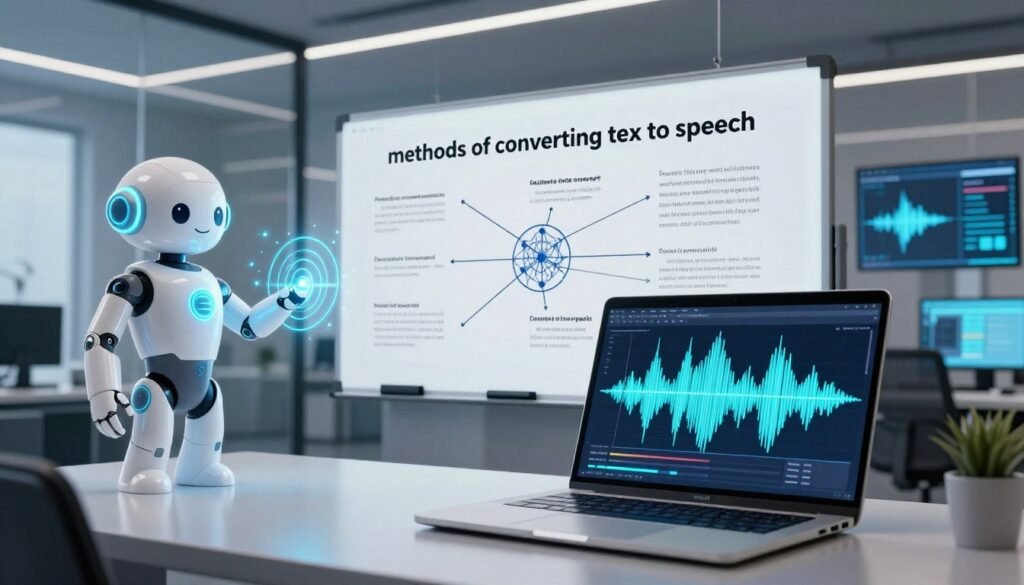 A futuristic workspace focused on "methods of converting text to speech." In the foreground, a sleek laptop displaying a detailed waveform visualization of text being processed into audio. To the left, an AI-driven virtual assistant character, designed as a friendly humanoid with a glowing interface. In the middle, there's an interactive whiteboard filled with diagrams illustrating various text-to-speech methodologies, such as neural networks and voice synthesis techniques. The background features a modern office with soft ambient lighting, reflections from glass surfaces, and digital screens displaying sound waves and linguistic data. The atmosphere is innovative and professional, exuding creativity and technology in harmony.