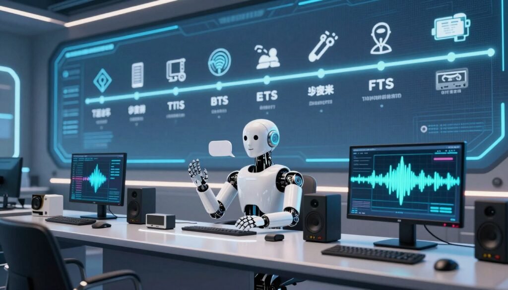 A futuristic workspace illustrating the evolution of Text-to-Speech (TTS) technology. In the foreground, a sleek, modern desk with advanced audio devices and computers displaying soundwave visualizations. In the middle, a humanoid robot with expressive features, engaged in speech synthesis, surrounded by various generations of TTS technologies, from vintage tapes to contemporary AI algorithms. In the background, a large digital screen vividly shows a timeline of TTS development, incorporating symbolic icons representing key milestones. Soft ambient lighting bathes the scene, creating a professional and innovative atmosphere. The angle is slightly tilted upwards, inviting the viewer to explore the journey of TTS evolution while maintaining a clean and focused composition. No text or logos present.