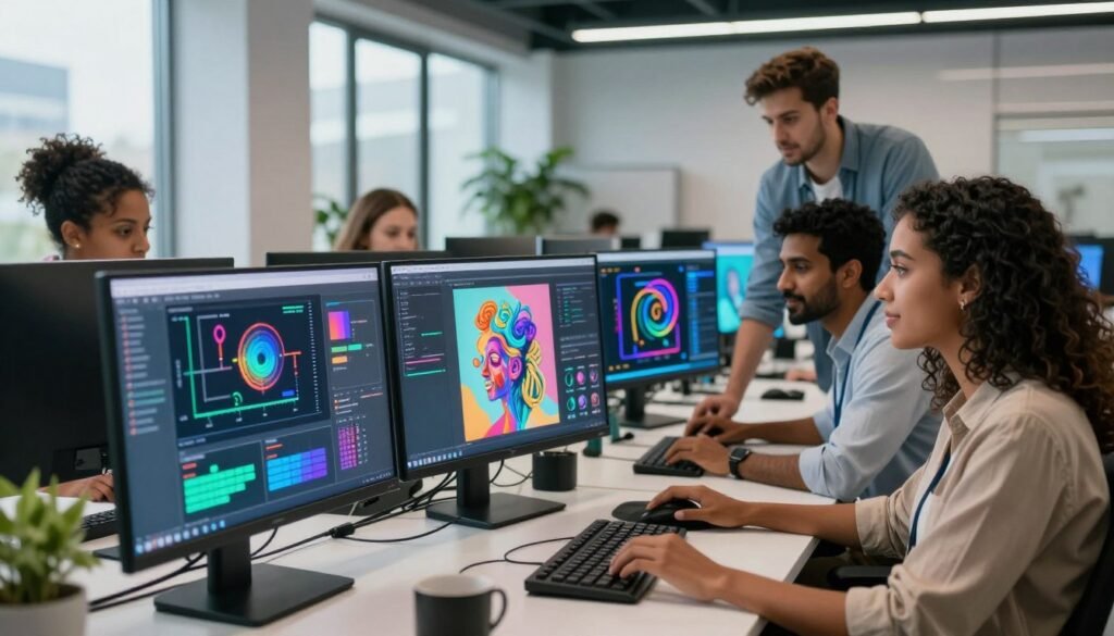 A futuristic workspace showcasing a diverse team of professionals, including a Black woman, a South Asian man, and a Hispanic woman, collaborating on image generation using AI technology. In the foreground, they analyze vibrant visual representations of the Dreambooth training process on large screens filled with detailed graphs and digital artwork. The middle ground features an advanced computer setup with glowing components and colorful UI elements, exuding a sense of innovation. The background reveals a modern office with sleek design, large windows allowing natural light, and potted plants for a lively atmosphere. The lighting is bright yet soft, creating an inspiring and focused mood, with a slight depth of field effect emphasizing the team's engaged expressions and their work.