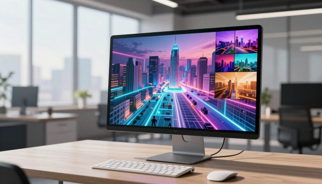 A futuristic workspace showcasing the concept of video outpainting using AI. In the foreground, a sleek computer with a high-resolution monitor displays colorful video frames being extended with vibrant visuals blending seamlessly into the background. The middle layer emphasizes a digital map of a cityscape, emerging from the screen, illustrating the outpainting process with bright digital lines and animated elements. The background features a modern, minimalist office with large windows, allowing natural light to filter in, creating a vibrant atmosphere. Soft shadows are cast by the computer, enhancing depth. The mood is innovative and inspiring, inviting creativity in the realm of audiovisual management. No text or watermarks in the image.