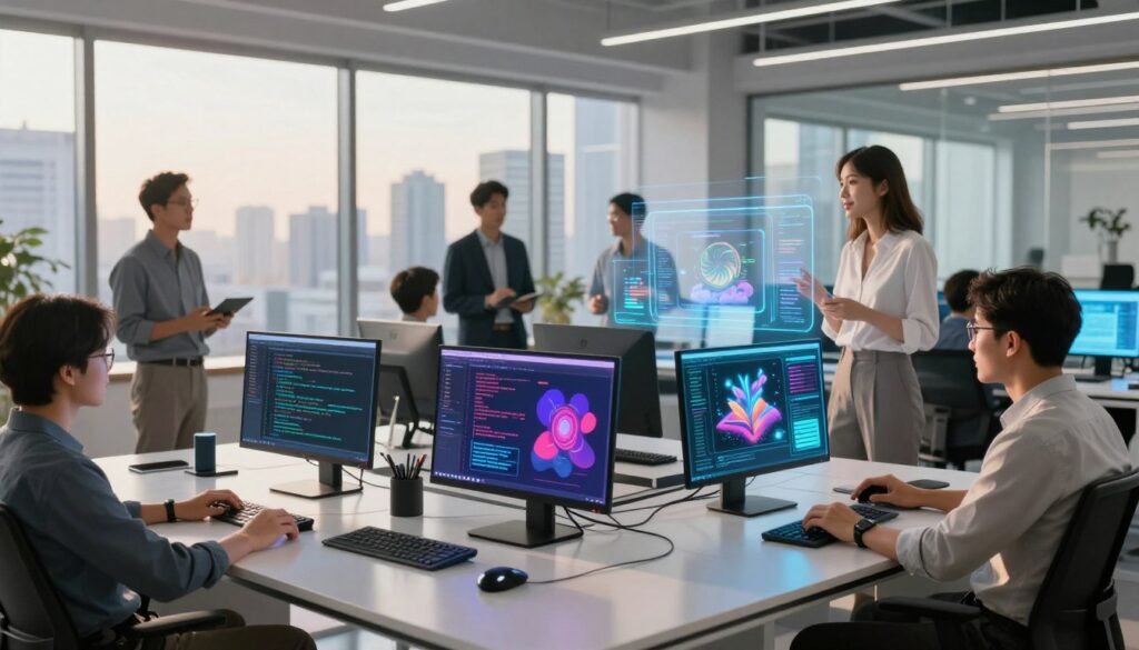 A futuristic workspace showcasing the evolution of prompt engineering techniques. In the foreground, a sleek, modern desk is cluttered with advanced AI tools, glowing screens displaying code and vivid images. In the middle ground, diverse professionals—both men and women—collaborate in business attire, engaged in animated discussions around a holographic interface demonstrating upcoming trends in image generation. The background features a bright, expansive view of a city skyline through large glass windows, hinting at innovation and technology. Soft, warm lighting casts a hopeful atmosphere, while a wide-angle lens captures the dynamic energy of the scene, symbolizing the promising future of prompt engineering.