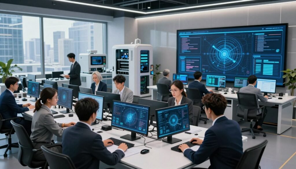 A futuristic workspace showcasing the maintenance and optimization of systems powered by artificial intelligence. In the foreground, a diverse group of professionals in business attire collaborates around a sleek table filled with digital interfaces and data screens. The middle ground features advanced AI technology displayed on large monitors, with graphs and analytics visualizations illuminating the room. The background includes high-tech machinery and a window revealing a city skyline, underscoring the integration of AI in urban environments. The lighting is bright and focused, enhancing the modern, dynamic atmosphere. Use a wide-angle lens to capture the comprehensive scene, creating a sense of innovation and teamwork in a cutting-edge environment.