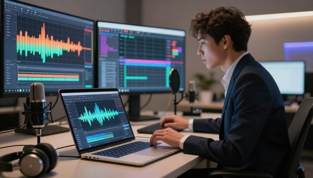 A futuristic workspace that showcases artificial intelligence voice cloning tools. In the foreground, a sleek, modern laptop open with audio waveform visualizations displayed on the screen. To the side, high-tech microphones and headphones arranged neatly, symbolizing voice recording and editing. In the middle, a professional-looking person in business attire, focused on manipulating audio software, exuding expertise and innovation. The background features large digital screens displaying colorful sound graphs and AI interfaces. Soft, ambient lighting casts a warm glow over the scene, creating a sense of inspiration and creativity. The atmosphere is dynamic yet professional, inviting viewers to explore the cutting-edge technology behind voice cloning. The overall composition should convey advancements in AI and audio technology, emphasizing a modern and innovative environment.