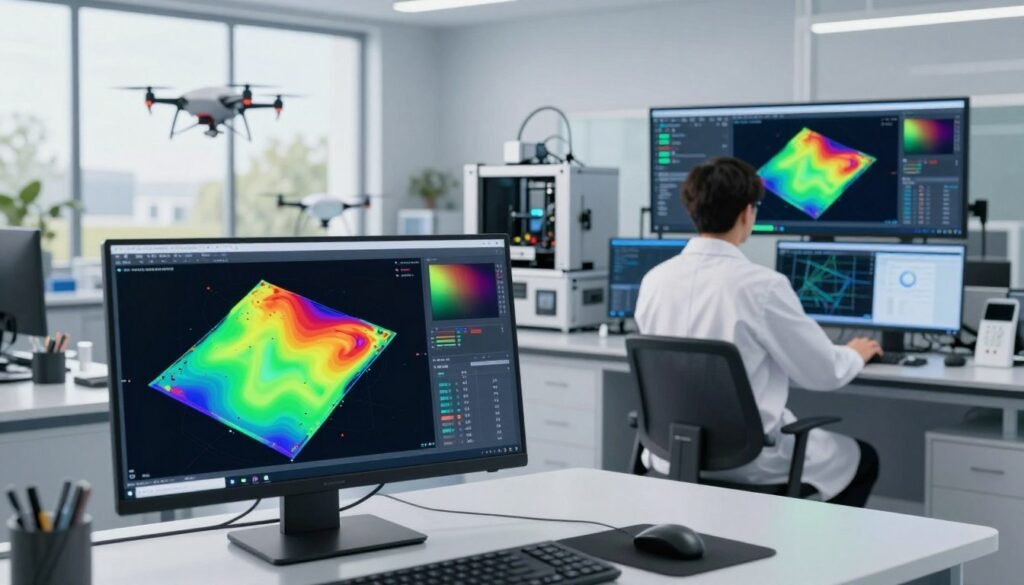 A high-tech, 3D rendering of a depth map visualization process, set in a bright, modern laboratory. In the foreground, a computer screen displays intricate 3D depth maps, with colorful gradients representing various elevations. In the middle, a researcher in a white lab coat operates sophisticated software, adjusting parameters. The background features high-tech equipment like drones, 3D printers, and large monitors showcasing real-time data analysis. Soft, diffused lighting enhances the high-tech atmosphere, while a large window reveals an outdoor landscape, merging natural elements with technological advancements. The scene conveys innovation, progress, and the integration of AI in structural engineering.