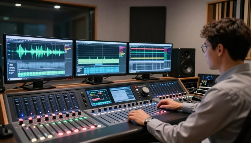 A high-tech audio optimization studio with advanced sound equipment and multilingual interface screens. In the foreground, a professional wearing business attire adjusts audio settings on a sleek digital console, surrounded by glowing sliders and vibrant display panels with language options. In the middle ground, multiple monitors showcase real-time audio waveforms, language translations, and interactive visualizations of sound processing. The background features a modern architecture of the studio with soundproofing panels and soft ambient lighting that creates a focused atmosphere. The overall mood conveys innovation and collaboration in multilingual audio production, representing a futuristic landscape of AI-driven voice technology. The angle captures the busy energy of a professional environment, emphasizing the sophistication of audio optimization.