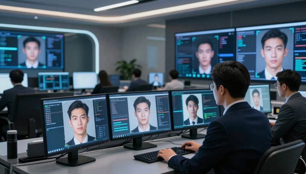 A high-tech control room showcasing advanced facial identity recognition technology. In the foreground, a professional individual in business attire is analyzing images displayed on multiple screens, which show facial recognition data and algorithms overlaying various faces. In the middle ground, illuminated monitors exhibit clear, high-resolution faces with intricate digital interfaces, indicating real-time analysis. The background reveals sleek, modern architecture with ambient lighting that creates a focused yet sophisticated atmosphere. The scene is captured from a slightly elevated angle, emphasizing the advanced technology at play. The mood is serious and forward-thinking, encapsulating the cutting-edge nature of AI in facial identity control.
